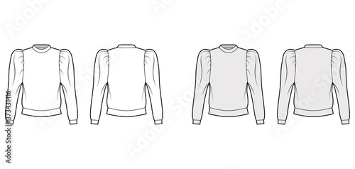 Cotton-jersey sweatshirt technical fashion illustration with relaxed fit, crew neckline, gathered, puffy long sleeves. Flat jumper apparel template front, back white, grey color. Women men, unisex top