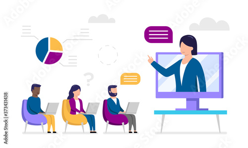 Webinar, Course, Distant Education, Video Lecture, Internet Group Conference, Online Training Concept. Virtual Speaker And People Using Laptops Connected To Wi-fi. Vector Illustration In Flat Style