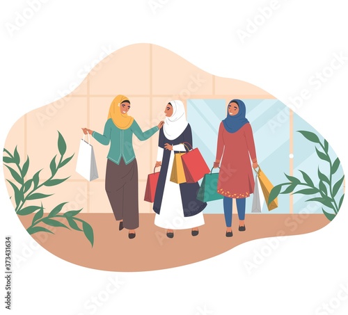 Happy arab women walking with shopping bags talking to each other, flat vector illustration. Three muslim girls in traditional arabic dress and hijab leaving retail women clothing store with purchases