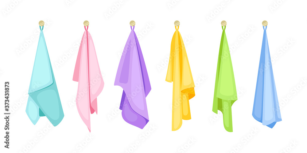 Hanging bath towels. Cartoon dry clean items for bathroom, hand drawn cute colored textile fabric, vector illustration of spa items isolated on white background Hanging bath towels. Cartoon dry clean items for bathroom, hand drawn cute colored textile fabric, vector illustration of spa items isolated on white background