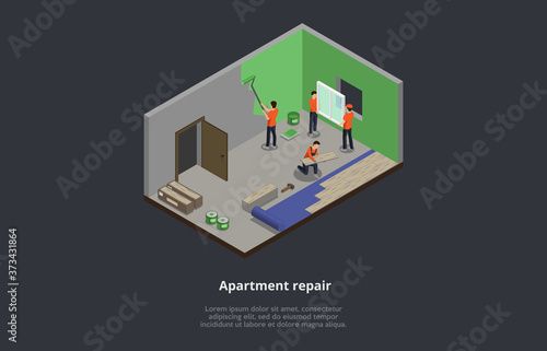 Apartment Repair And Maintenance Service, House Renovation Works Concept. Builders And Repairmen Painting The Wall With Roller, Making The Window And Floor Repair. 3d Isometric Vector Illustration