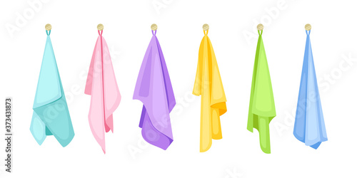 Hanging bath towels. Cartoon dry clean items for bathroom  hand drawn cute colored textile fabric  vector illustration of spa items isolated on white background