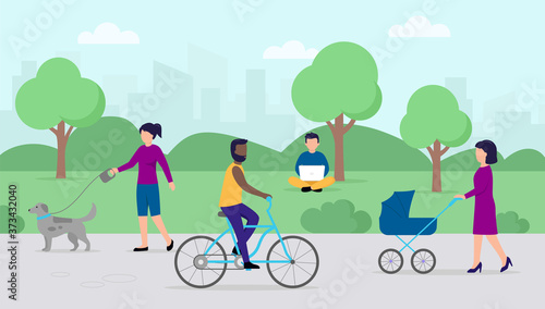 Leisure Time Concept. People At City Summer Park With Green Trees And Walkway. Women Walk With Baby Stroller And Dog  Man Riding Bicycle. Town And City Park Nature. Flat Style Vector Illustration