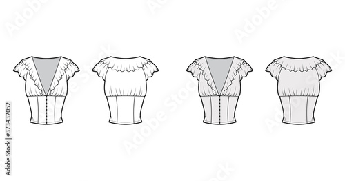 Ruffled cropped blouse technical fashion illustration with short flutter sleeves, front button fastenings, fitted body. Flat apparel top template front, back white grey color. Women men unisex shirt