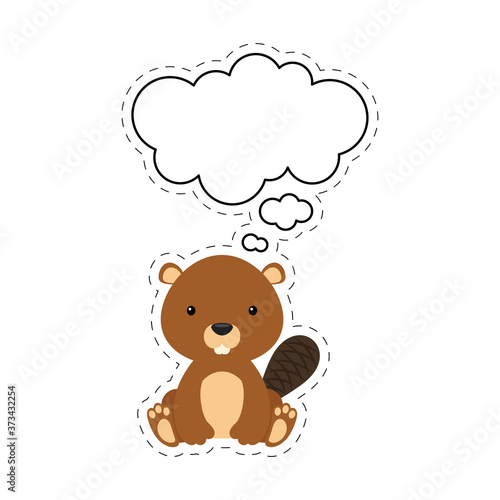 Cute cartoon beaver with speech bubble sticker. Kawaii character on white background. Cartoon sitting animal postcard clipart for birthday, baby shower, party event. Vector stock illustration.