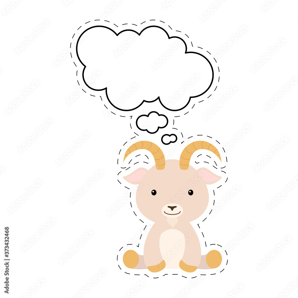 Cute cartoon goat with speech bubble sticker. Kawaii character on white background. Cartoon sitting animal postcard clipart for birthday, baby shower, party event. Vector stock illustration. Cute cartoon goat with speech bubble sticker. Kawaii character on white background. Cartoon sitting animal postcard clipart for birthday, baby shower, party event. Vector stock illustration.