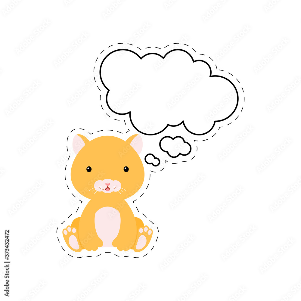 Cute cartoon hamster with speech bubble sticker. Kawaii character on white background. Cartoon sitting animal postcard clipart for birthday, baby shower, party event. Vector stock illustration. Cute cartoon hamster with speech bubble sticker. Kawaii character on white background. Cartoon sitting animal postcard clipart for birthday, baby shower, party event. Vector stock illustration.