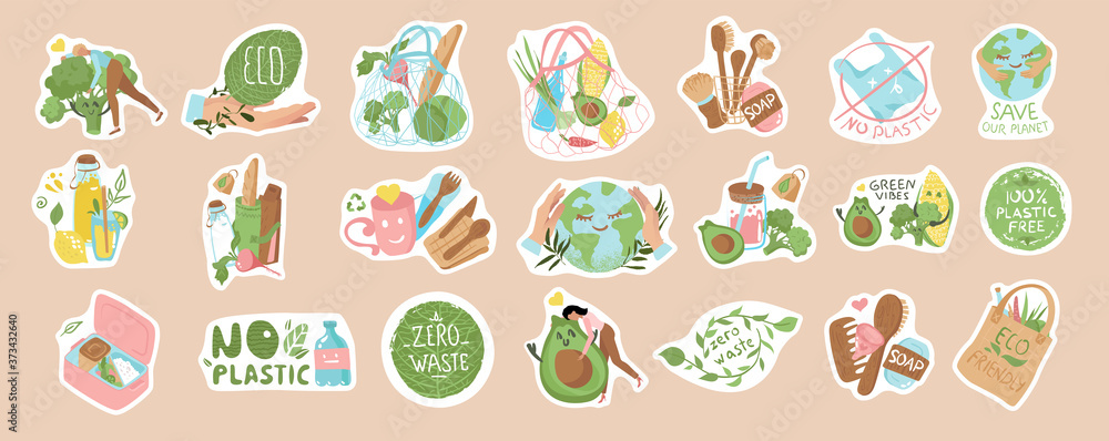 Collection of ecology, vegan stickers with slogans: zero waste, recycle, eco friendly, no plastic. Bundle of decorative design elements. Isolated plots Flat vector illustration. Collection of ecology, vegan stickers with slogans: zero waste, recycle, eco friendly, no plastic. Bundle of decorative design elements. Isolated plots Flat vector illustration.
