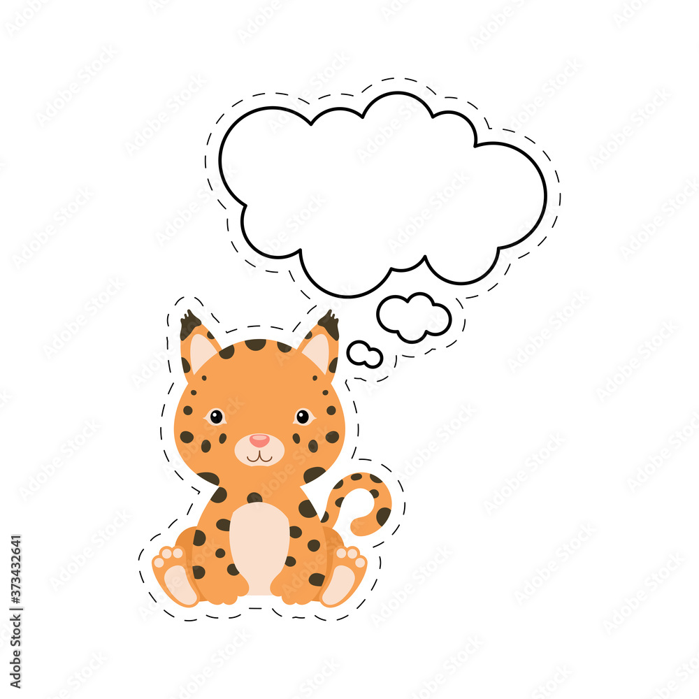 Cute cartoon lynx with speech bubble sticker. Kawaii character on white background. Cartoon sitting animal postcard clipart for birthday, baby shower, party event. Vector stock illustration. Cute cartoon lynx with speech bubble sticker. Kawaii character on white background. Cartoon sitting animal postcard clipart for birthday, baby shower, party event. Vector stock illustration.