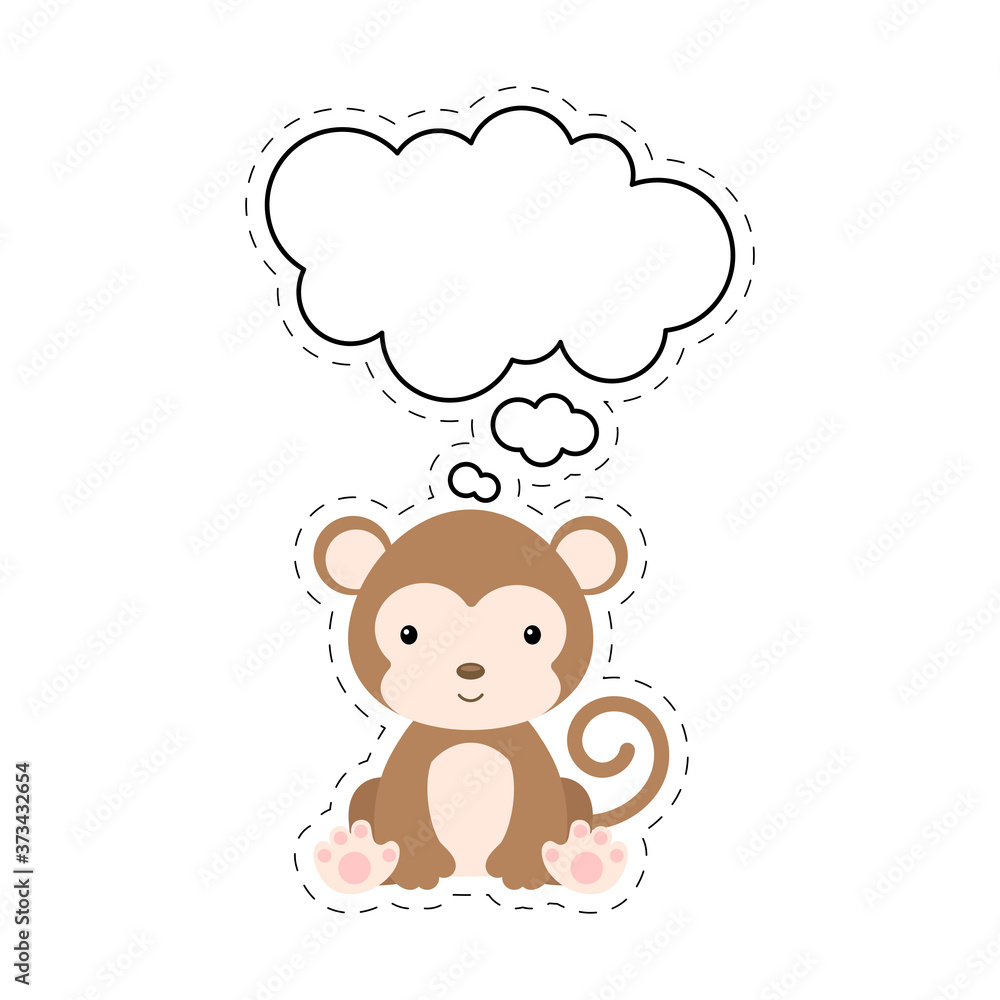 Cute cartoon monkey with speech bubble sticker. Kawaii character on white background. Cartoon sitting animal postcard clipart for birthday, baby shower, party event. Vector stock illustration. Cute cartoon monkey with speech bubble sticker. Kawaii character on white background. Cartoon sitting animal postcard clipart for birthday, baby shower, party event. Vector stock illustration.