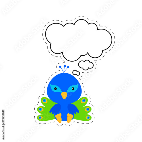 Cute cartoon peacock with speech bubble sticker. Kawaii character on white background. Cartoon sitting animal postcard clipart for birthday, baby shower, party event. Vector stock illustration. photo