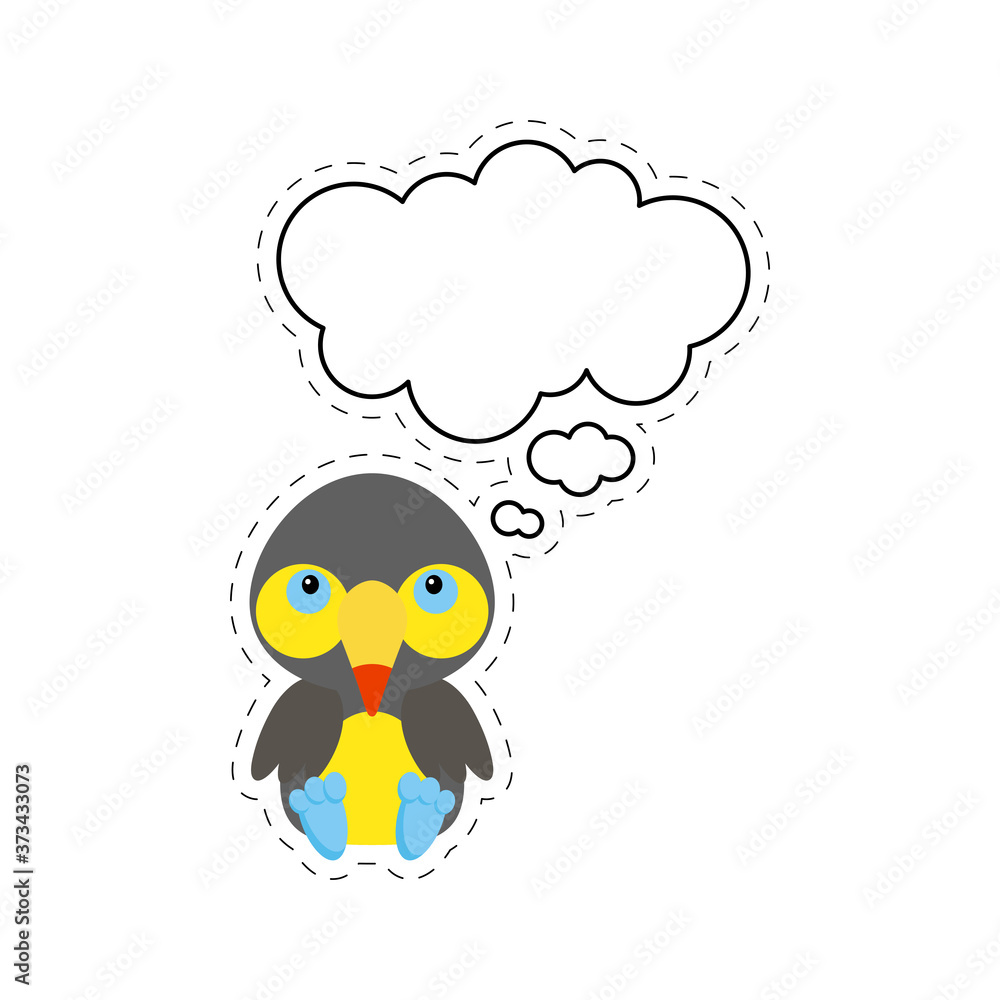 Cute cartoon toucan with speech bubble sticker. Kawaii character on white background. Cartoon sitting animal postcard clipart for birthday, baby shower, party event. Vector stock illustration. Cute cartoon toucan with speech bubble sticker. Kawaii character on white background. Cartoon sitting animal postcard clipart for birthday, baby shower, party event. Vector stock illustration.