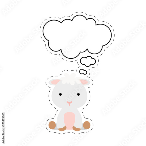 Cute cartoon sheep with speech bubble sticker. Kawaii character on white background. Cartoon sitting animal postcard clipart for birthday, baby shower, party event. Vector stock illustration.
