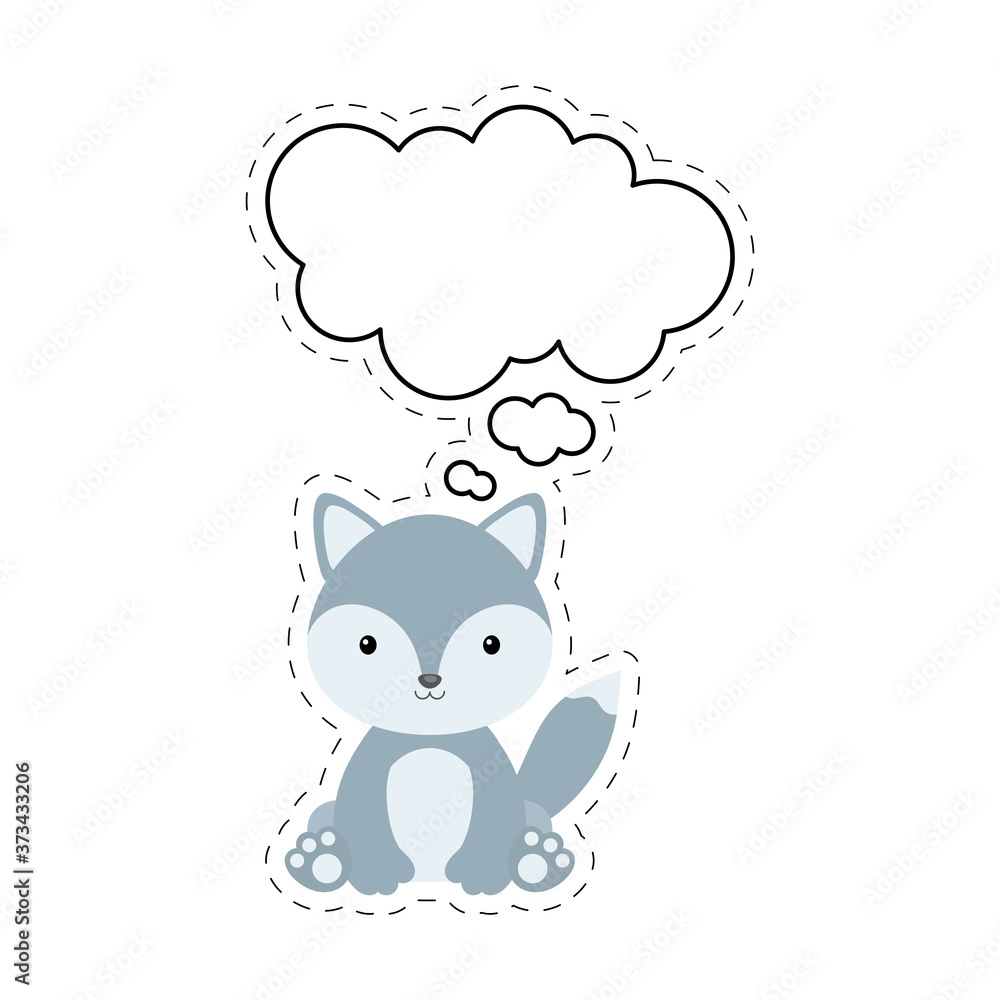 Cute cartoon wolf with speech bubble sticker. Kawaii character on white background. Cartoon sitting animal postcard clipart for birthday, baby shower, party event. Vector stock illustration. Cute cartoon wolf with speech bubble sticker. Kawaii character on white background. Cartoon sitting animal postcard clipart for birthday, baby shower, party event. Vector stock illustration.
