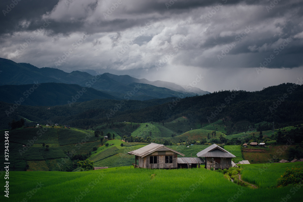 The beautiful scenery of the green terraced rice field of Bong Piang forest village in the rainy season in Mae Chaem, Chiang Mai, Thailand.