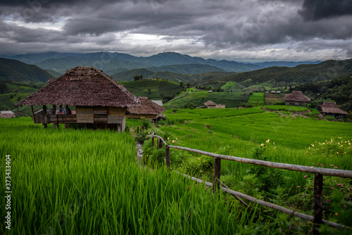 The beautiful scenery of the green terraced rice field of Bong Piang forest village in the rainy season in Mae Chaem, Chiang Mai, Thailand.