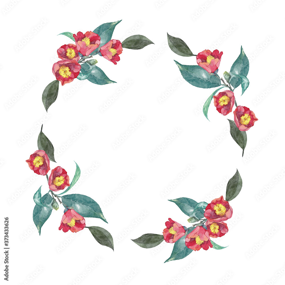 Fototapeta premium 水彩の椿の花フレーム