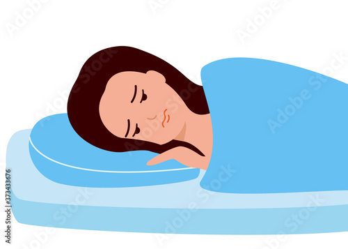 Sleepless, woman suffers from insomnia. Young girl with open eyes lying on bed. Sad female awake, tired, depression, anxiety. Vector illustration