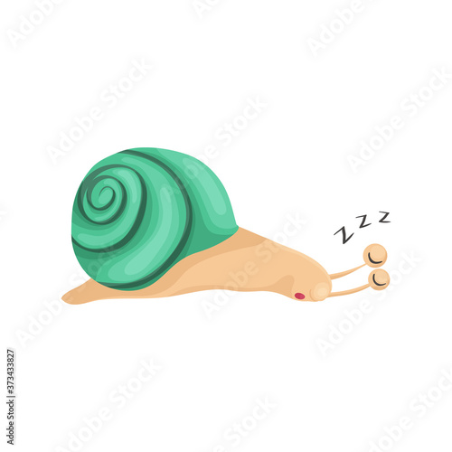 Vector illustration of a sleeping snail with a turquoise-green shell in a cartoon style. The snail is resting, the funny slug in the sink is tired and lay down, snoring
