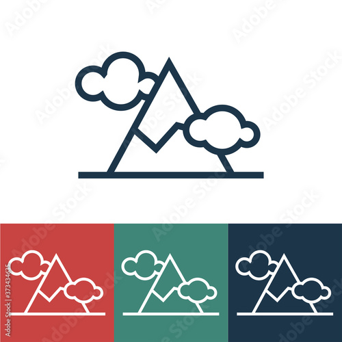 Linear vector icon with mountains and clouds