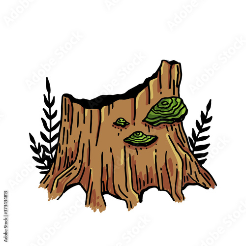 Vector image of a tinder tree growing on a picturesque stump in the forest.
