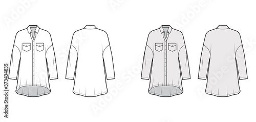 Oversized shirt dress technical fashion illustration with angled pockets, long sleeves, regular collar, dropped shoulders high-low hem. Flat apparel template front back white grey color. Women men top © Vectoressa