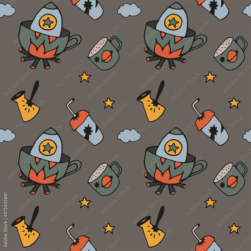 Pattern.Tea Cup and coffee Cup in space style. Cupcakes and croissants