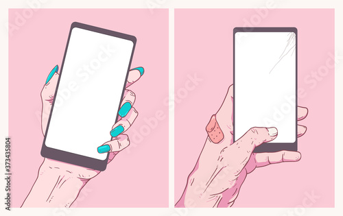set of woman and man holding smartphone show blank screen, modern teenage manga illustration / symbol design template