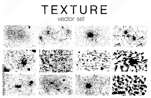 Set of vector grunge textures in black and white. Different paint textures with splay effect and drop ink splashes. Dirty grainy stamp and scratches and damage marks. Vector illustration