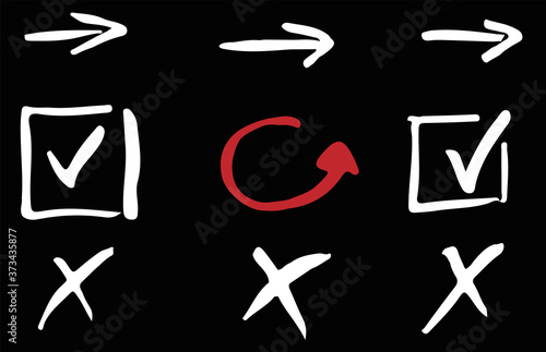Doodle check marks and underlines. X, V, cross, check mark and arrows. Vector marker check handwritten signs and checkbox.