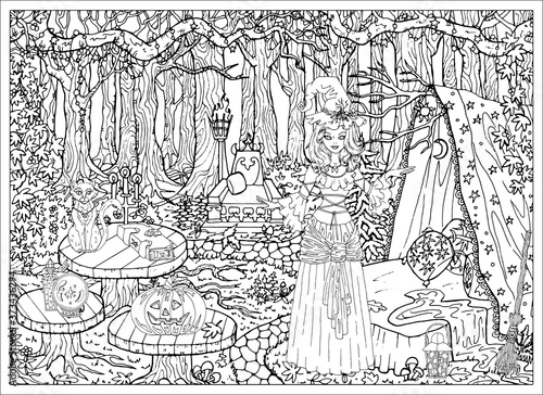 Beautiful witch girl with mystic animals at her house in the forest outdoors.