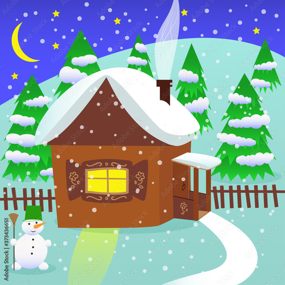 A house in winter with Christmas trees and a snowman. Vector image in flat style.