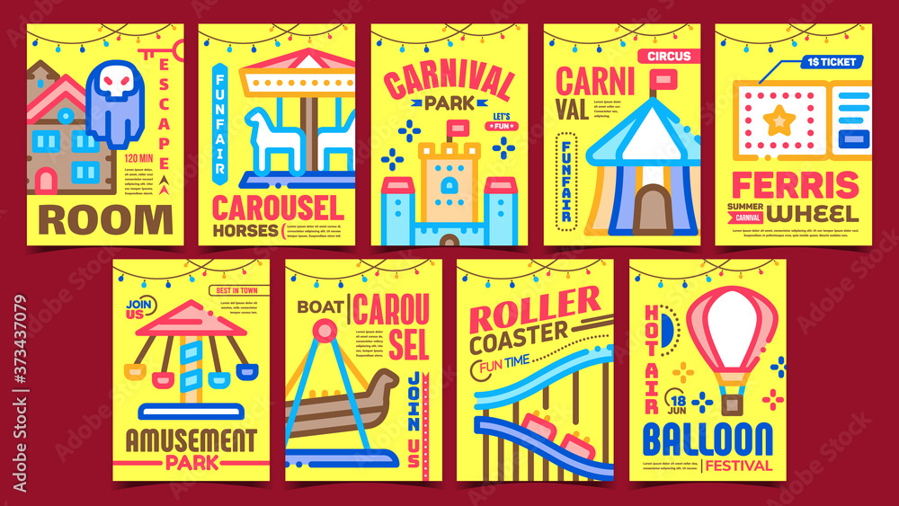 Amusement Park Advertising Posters Set Vector. Escape Room And Air Balloon, Ferris Wheel And Rollercoaster, Horses And Boat Park Carousel Collection Promo Banners. Concept Layout Style Illustrations