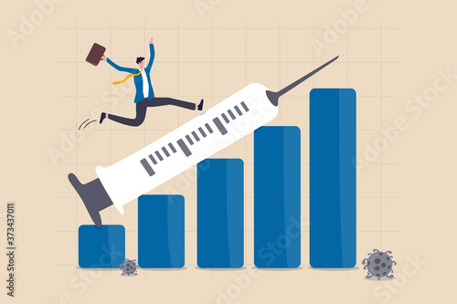 Financial and economic crisis recover from COVID-19 collapse with Coronavirus vaccine discovery concept, businessman investor happy running on syringe pointing up on growth profit financial bar graph.