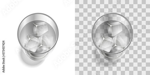 A glass with a drink and ice on a transparent background. Top view.