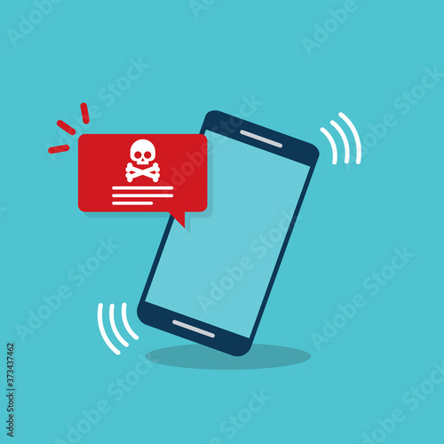 Malware notification on mobile phone. Smartphone with alert, spam data on cellphone fraud error message, scam, virus. Flat vector illustration.