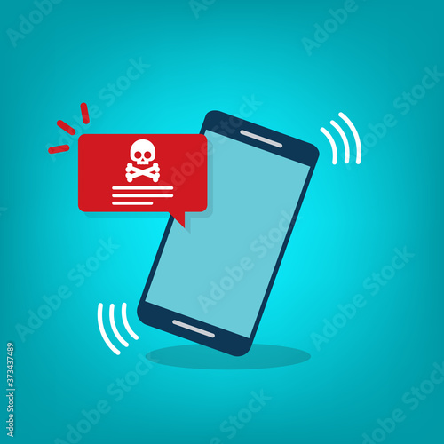 Malware notification on mobile phone. Smartphone with alert, spam data on cellphone fraud error message, scam, virus. Flat vector illustration.