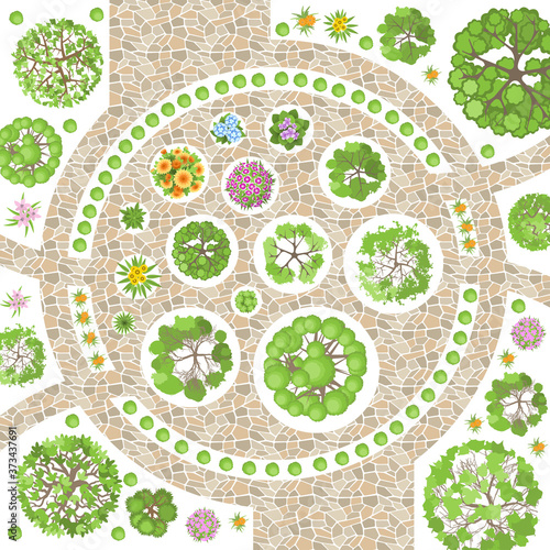 Landscape design. Top view. Path, trees and flowers. View from above.