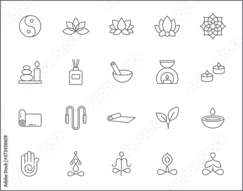 Set of yoga and spa icons line style. It contains such Icons as wellness, pose, beauty, peace, therapy and other elements.