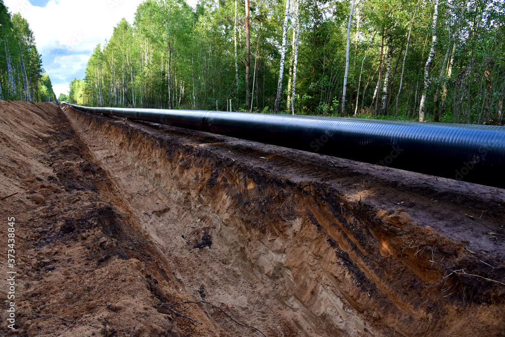 Crude oil and Natural gas pipeline construction work in forest area ...