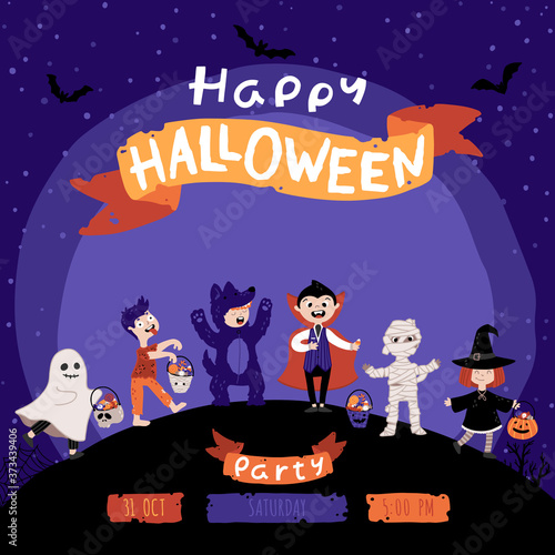 Halloween Kids Costume Party Invitation. A group of kids in various costumes for the holiday. Night sky background. Cute childish illustration in cartoon hand-drawn style. Lettering.