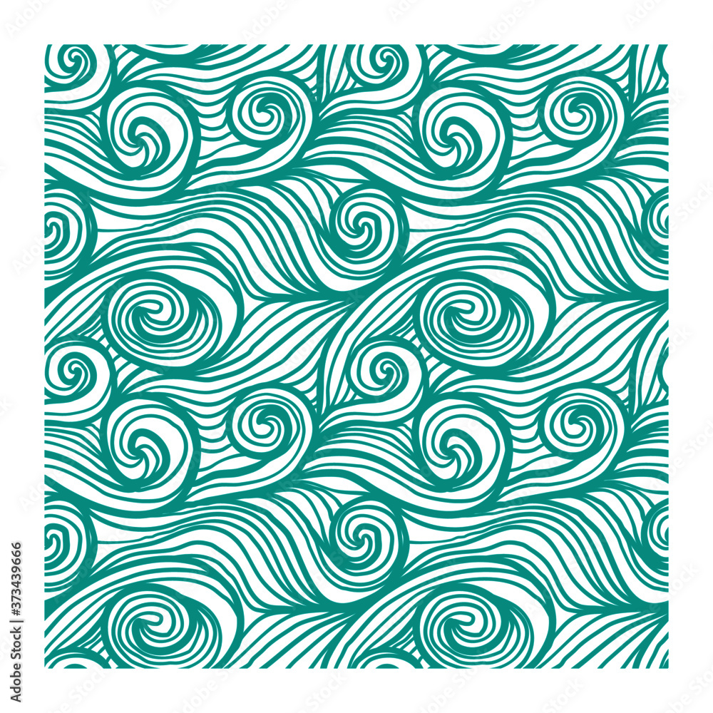 Seamless pattern with turquoise swirling waves. Design for backdrops and colouring book with sea, rivers or water texture. Repeating texture. Print for the cover of the book, postcards.