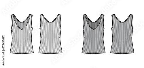 Ribbed open-knit tank technical fashion illustration with oversized body, deep V-neckline, elongated hem. Flat outwear top apparel template front, back, white grey color. Women, men unisex shirt CAD