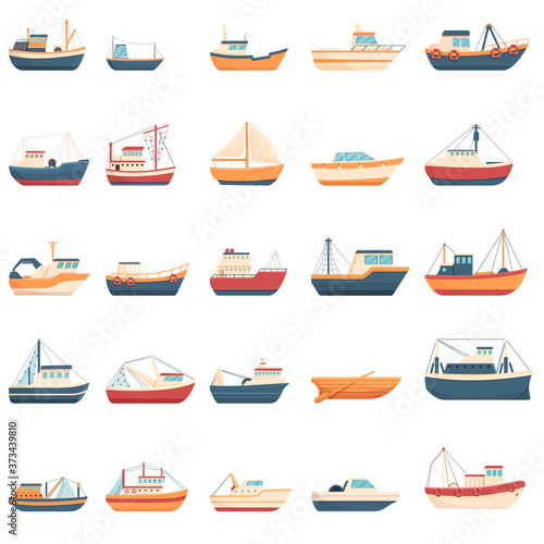 Fishing boat icons set. Cartoon set of fishing boat vector icons for web design