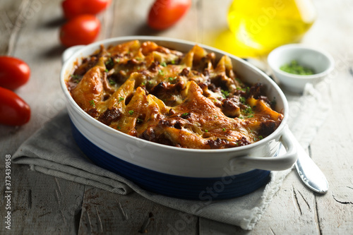 Traditional Italian lasagna or pasta casserole with meat