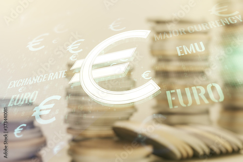 Virtual EURO symbols illustration on coins background, forex and currency concept. Multiexposure