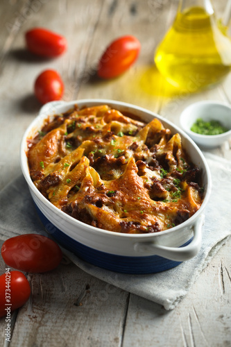 Traditional Italian lasagna or pasta casserole with meat