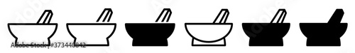 Mortar and Pestle Icon Black | Chemistry Illustration | Laboratory Symbol | Pharmacy Tool Logo | Grinding Sign | Isolated | Variations