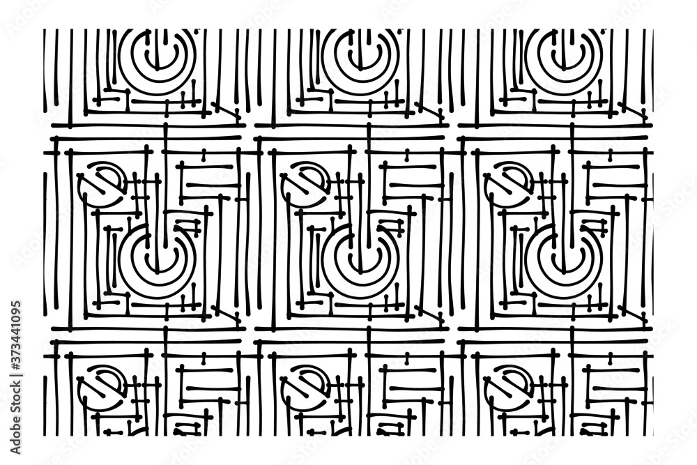 Horizontal seamless pattern of an endless labyrinth drawn in straight and rounded lines. Print for the cover of the book, postcards, t-shirts. Horizontal seamless pattern of an endless labyrinth drawn in straight and rounded lines. Print for the cover of the book, postcards, t-shirts.