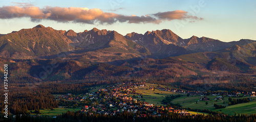 Panorama of the Tatra Mountains in Poland in the beautiful light of the setting sun